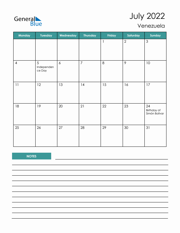 Calendar with Notes Printable - Monday Start