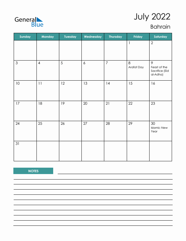 Calendar with Notes Printable - Sunday Start