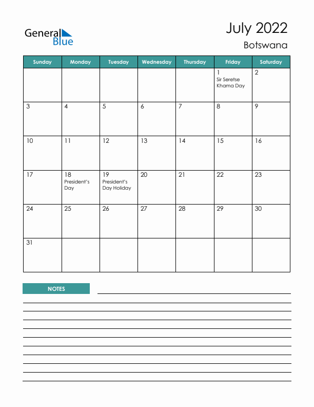 Calendar with Notes Printable - Sunday Start