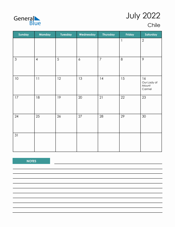 Calendar with Notes Printable - Sunday Start