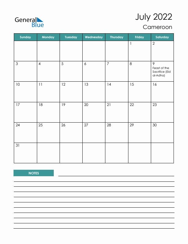 Calendar with Notes Printable - Sunday Start