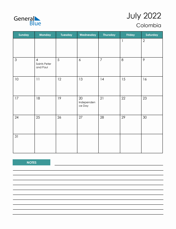 Calendar with Notes Printable - Sunday Start