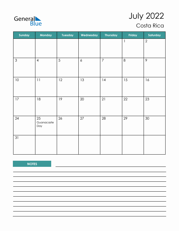 Calendar with Notes Printable - Sunday Start