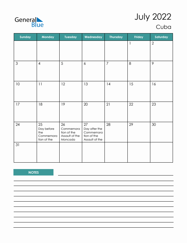 Calendar with Notes Printable - Sunday Start