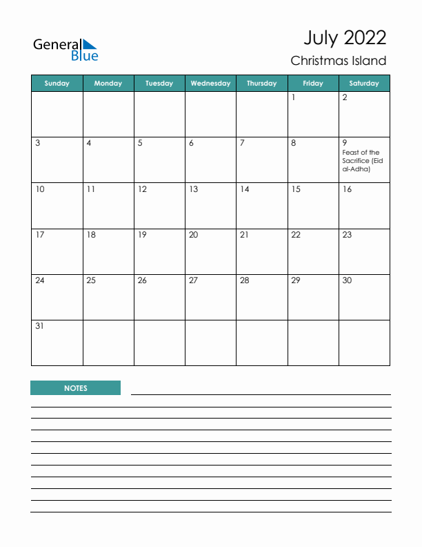 Calendar with Notes Printable - Sunday Start