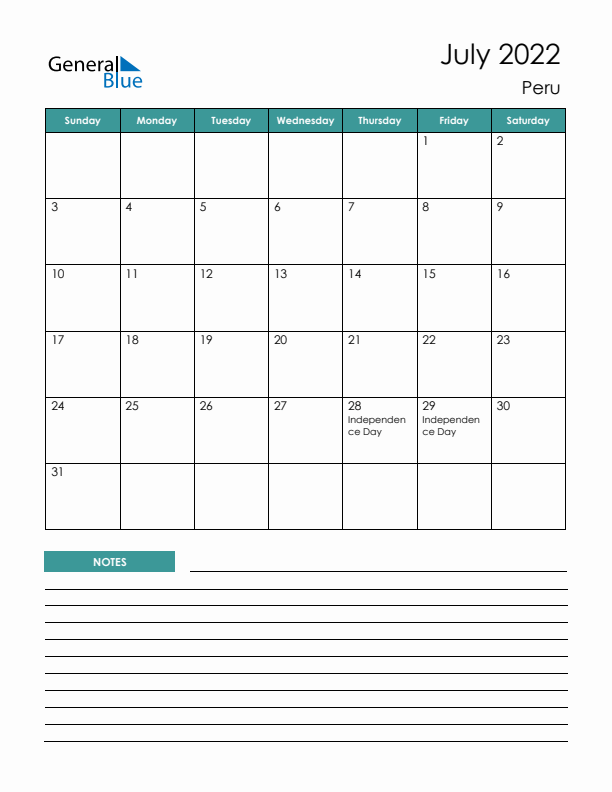 Calendar with Notes Printable - Sunday Start