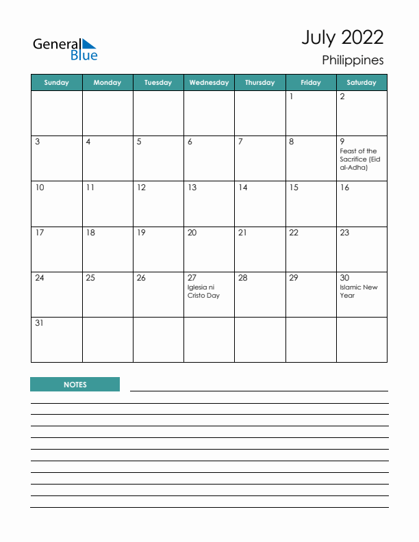 Calendar with Notes Printable - Sunday Start