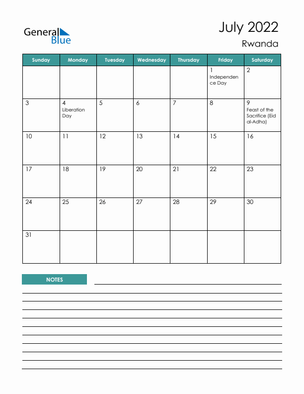 Calendar with Notes Printable - Sunday Start