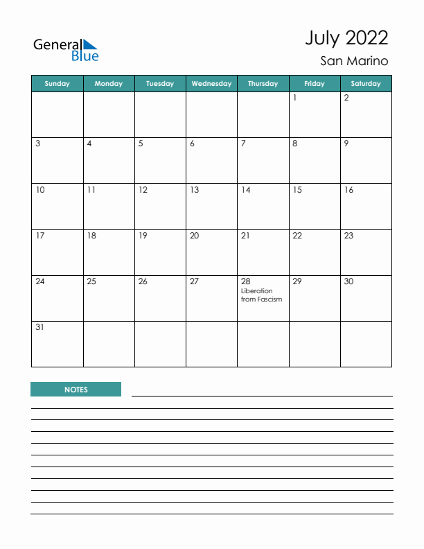 Calendar with Notes Printable - Sunday Start