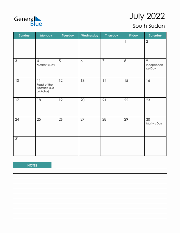 Calendar with Notes Printable - Sunday Start