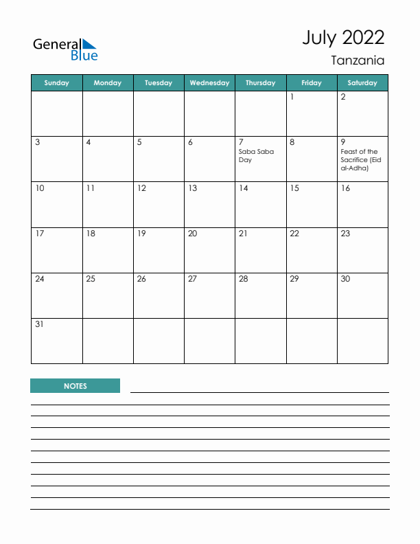 Calendar with Notes Printable - Sunday Start