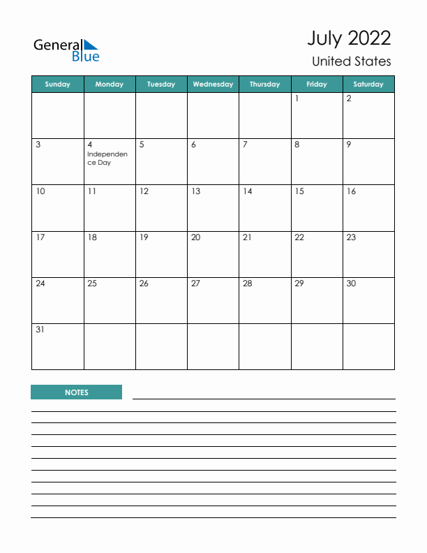 Calendar with Notes Printable - Sunday Start