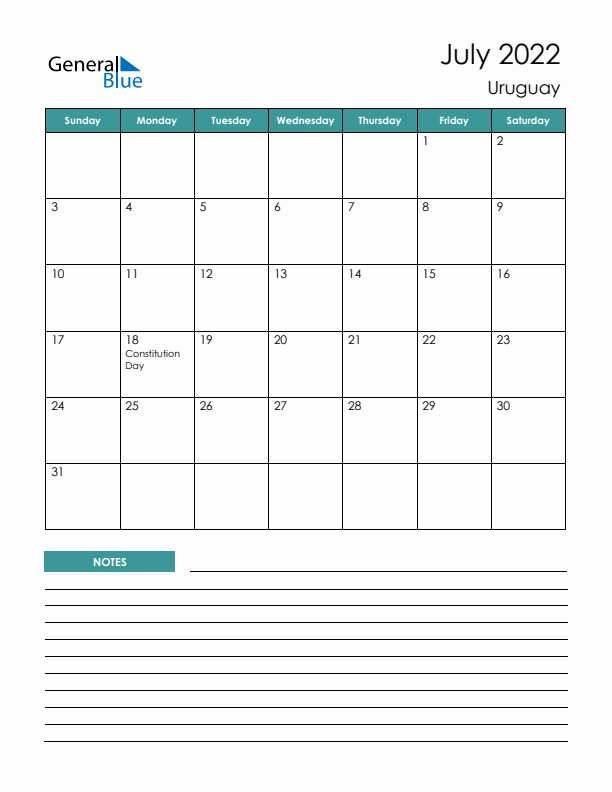 Calendar with Notes Printable - Sunday Start