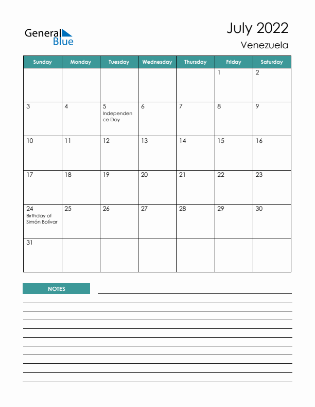 Calendar with Notes Printable - Sunday Start