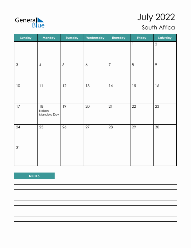 Calendar with Notes Printable - Sunday Start