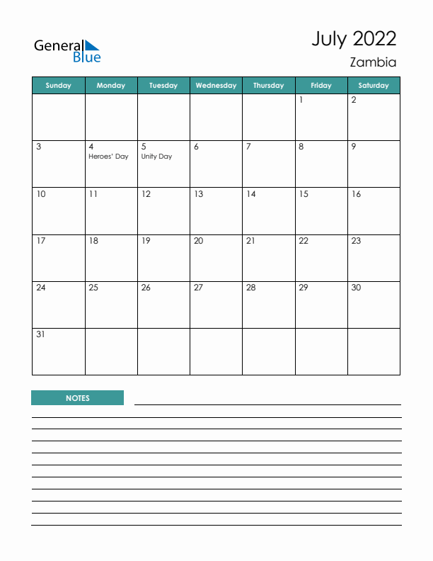 Calendar with Notes Printable - Sunday Start