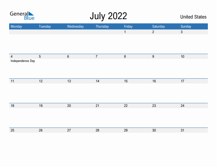 Fillable July 2022 Calendar