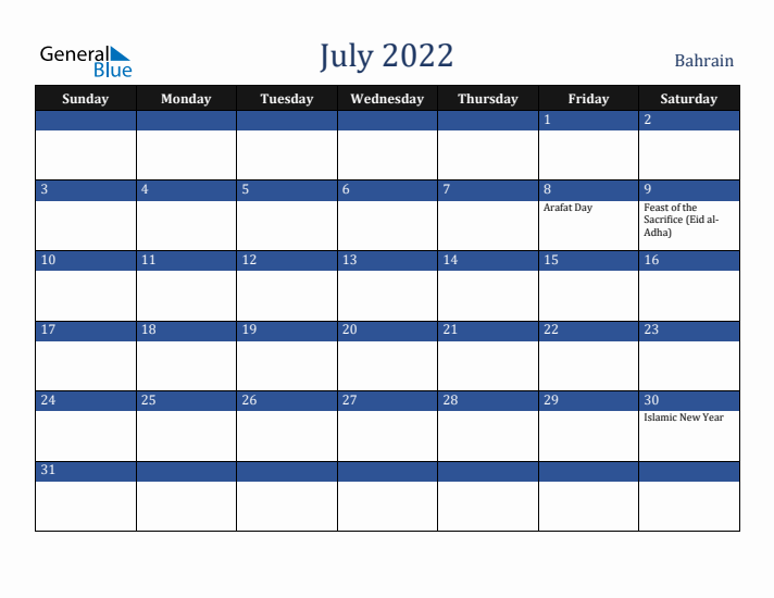 July 2022 Bahrain Calendar (Sunday Start)