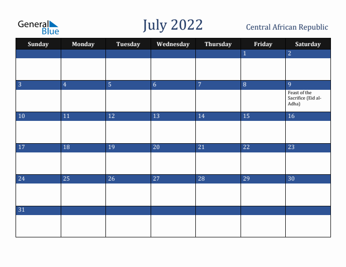 July 2022 Central African Republic Calendar (Sunday Start)