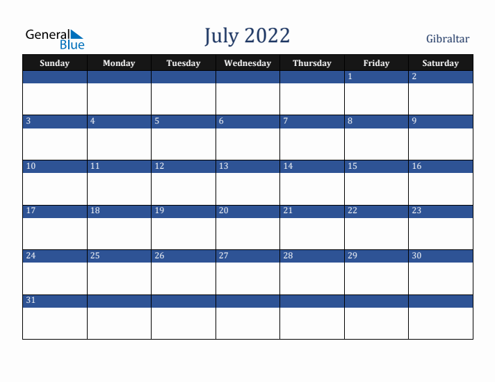 July 2022 Gibraltar Calendar (Sunday Start)