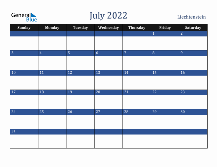 July 2022 Liechtenstein Calendar (Sunday Start)