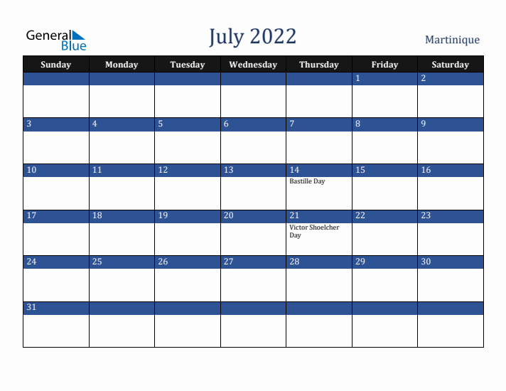 July 2022 Martinique Calendar (Sunday Start)