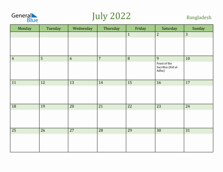 July 2022 Calendar with Bangladesh Holidays