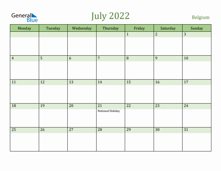 July 2022 Calendar with Belgium Holidays