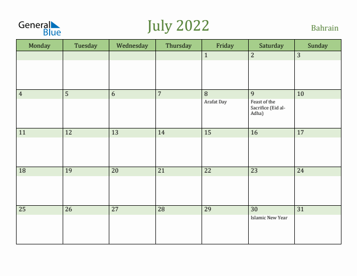 July 2022 Calendar with Bahrain Holidays