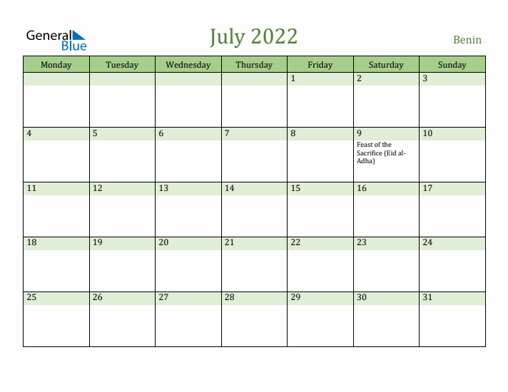 July 2022 Calendar with Benin Holidays