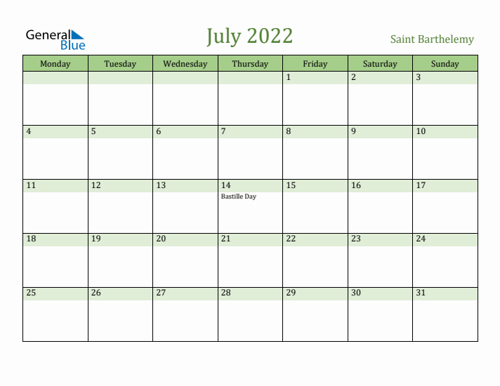 July 2022 Calendar with Saint Barthelemy Holidays