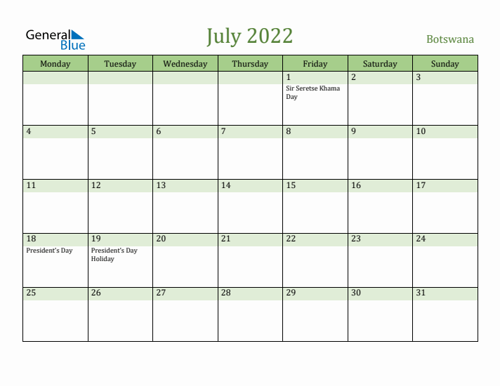 July 2022 Calendar with Botswana Holidays