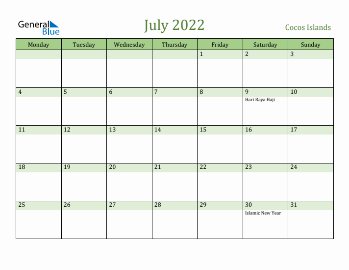 July 2022 Calendar with Cocos Islands Holidays