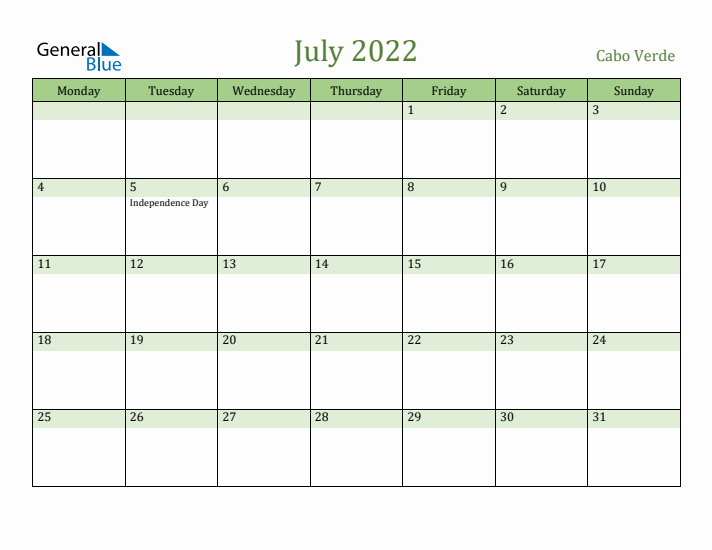 July 2022 Calendar with Cabo Verde Holidays