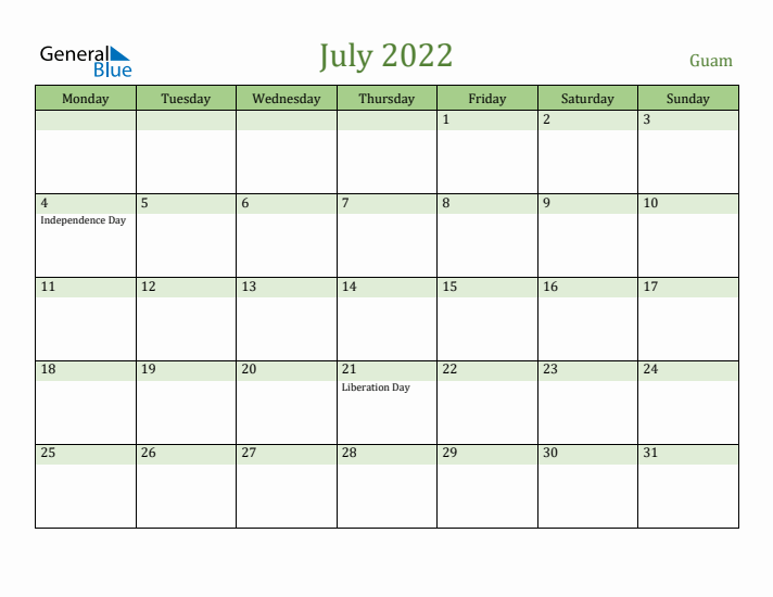 July 2022 Calendar with Guam Holidays