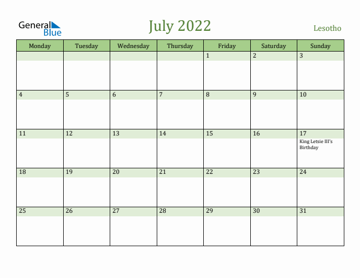 July 2022 Calendar with Lesotho Holidays