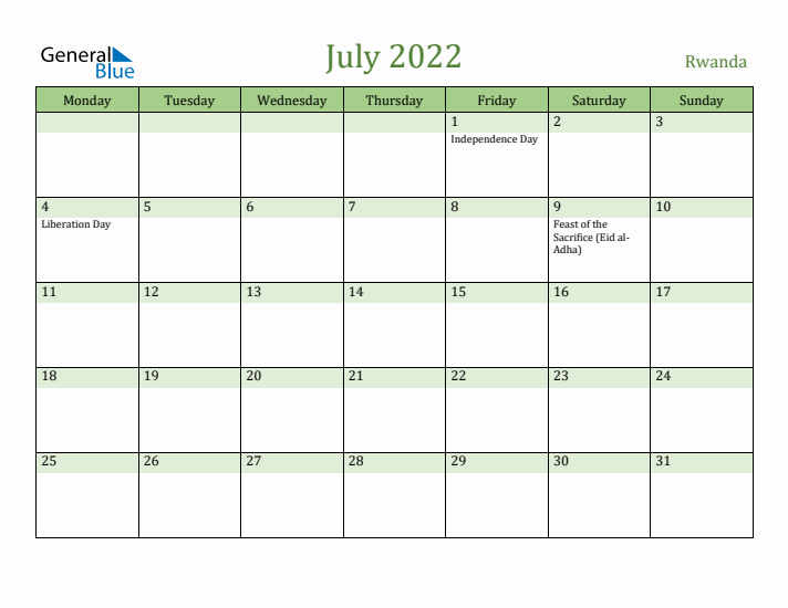 July 2022 Calendar with Rwanda Holidays