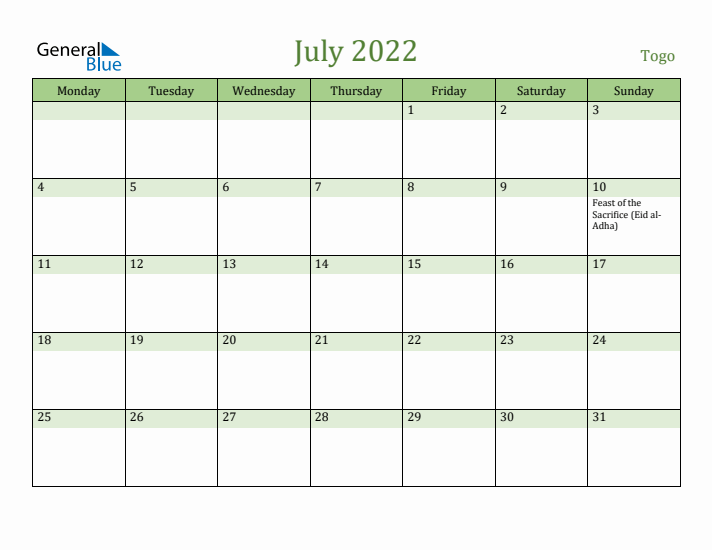 July 2022 Calendar with Togo Holidays