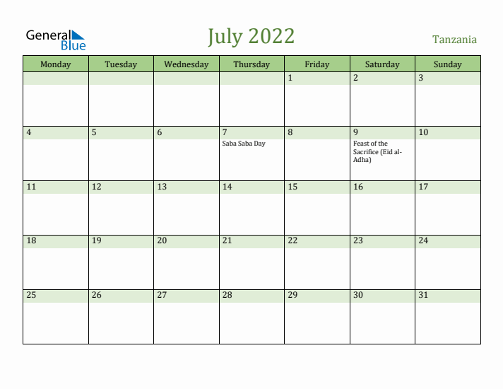 July 2022 Calendar with Tanzania Holidays