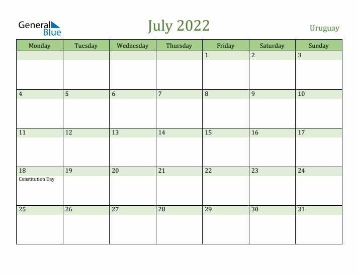 July 2022 Calendar with Uruguay Holidays