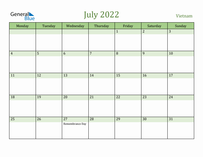 July 2022 Calendar with Vietnam Holidays