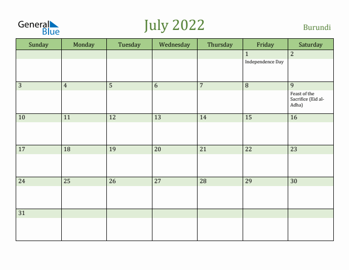 July 2022 Calendar with Burundi Holidays