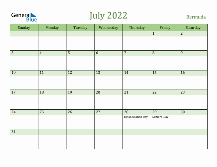 July 2022 Calendar with Bermuda Holidays