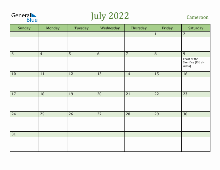 July 2022 Calendar with Cameroon Holidays