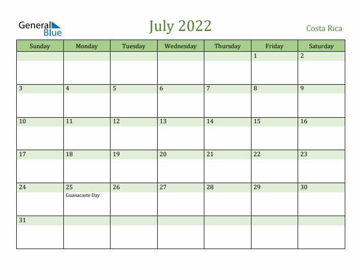 July 2022 Calendar with Costa Rica Holidays