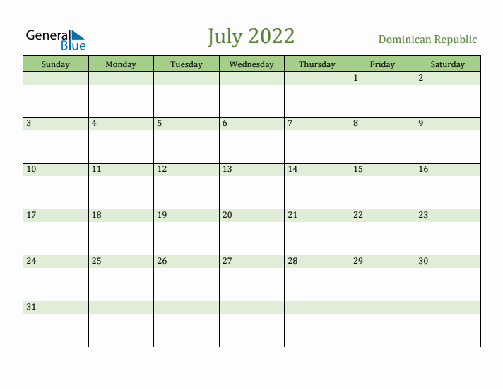 July 2022 Calendar with Dominican Republic Holidays