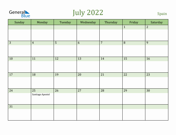 July 2022 Calendar with Spain Holidays