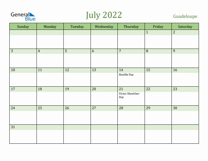 July 2022 Calendar with Guadeloupe Holidays