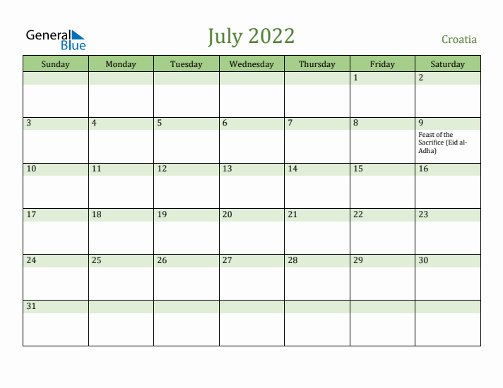 July 2022 Calendar with Croatia Holidays