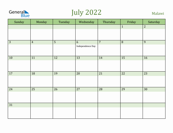 July 2022 Calendar with Malawi Holidays